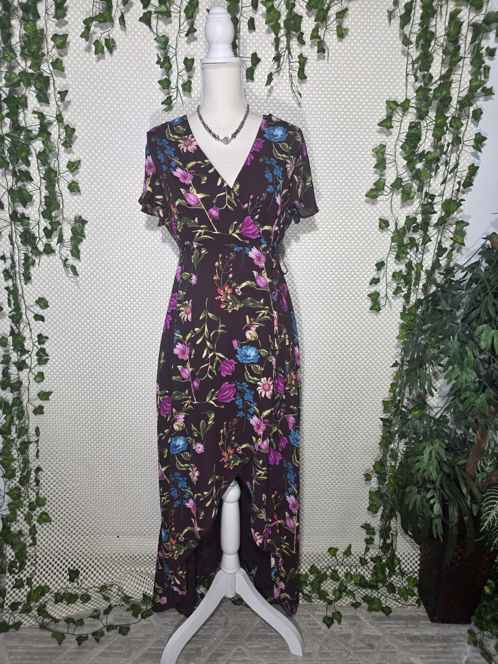 Dark Plum Floral Wrap High-Low Maxi Dress